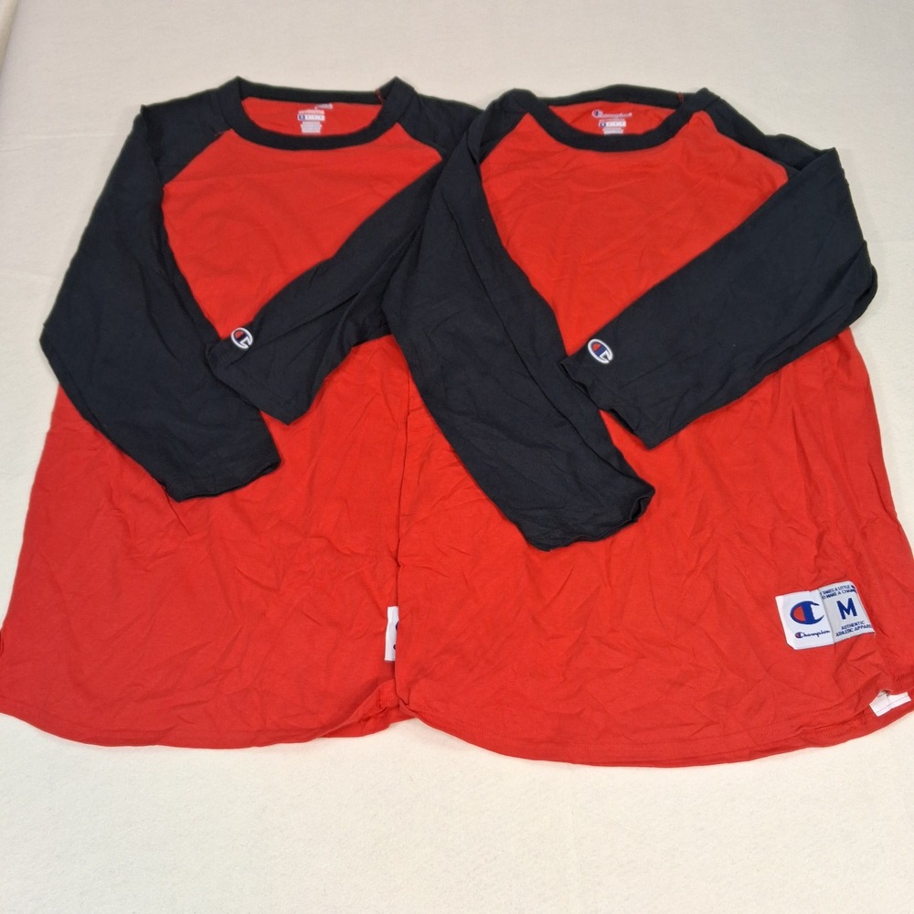 Champion Baseball Tee Mens Size M Red Black Raglan 3/4 Sleeve 2 Pack T137